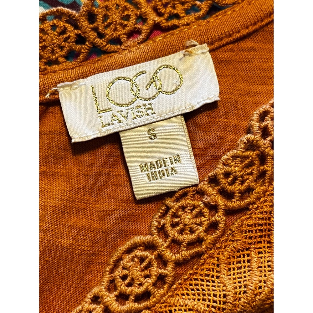 LOGO Lavish by Lori Goldstein Burnt Orange Crochet Lace Yoke Cotton Top Small - Picture 4 of 5
